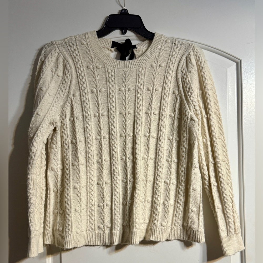 LOFT Cable Knit Sweater Womens Large Cream Excellent Bow‎ Back Popcorn Bobble